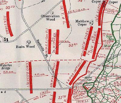 Map indicating the positions of the Bradford Pals on the day the Somme Offensive was launched.